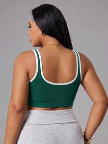 Solea Cove Tank Top Olahraga Ukuran Besar Warna Polos Model U-Neck dengan Tali Bahu Tetap, Bra Olahraga Kasual Bergaris Halus, Tanpa Kawat untuk Lari, Yoga, Kebugaran, dan Latihan - Dark Green - View 3