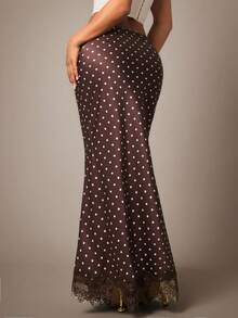 Radiana Women's Autumn Sexy Elegant Chic Brown And White Polka Dot Satin Contrast Lace Mermaid Skirt, Low Waist Skirt, Lace Trim Patchwork Skirt, Skirt - Brown - View 3