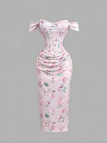SHEIN MOD 女款粉色花卉印花露肩緊身洋裝 - 淺粉色 - 查看 5