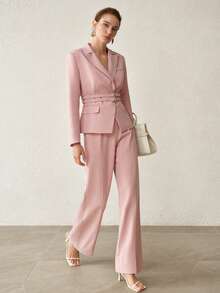 MOTF PREMIUM WOMEN'S SOLID COLOR DOUBLE BELT SLIM FIT COMMUTER JACKET AND PANTS 2 PIECES SET - Pink - View 5