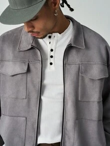 ÉpureWay Herren lässige, locker geschnittene Jacke mit Dropped Shoulder, grau, Reißverschluss-Jacke, grau, Shacket-Modejacke, hellgrau, grau, Jacke, Old Money Stil, Herbst Winter - Grau - Übersicht 5