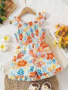 SHEIN Vintaside Kids Girls' Colorful Floral Flutter Sleeve Romper, Children's Floral Bow Romper, Soft And Cute, Versatile For Various Occasions. - Orange - View 2