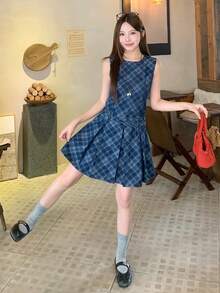 DAZY Women's Round Neck Plaid Sleeveless Korean Style Denim Dress School - Blue - View 4