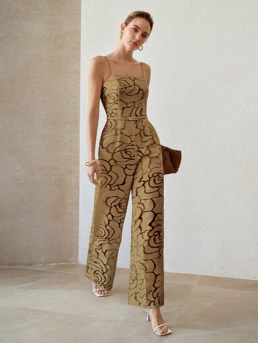 MOTF PREMIUM SUMMER ARTISTIC ROSE TEXTURE CAMISOLE JUMPSUIT, ELEGANT WAIST-CINCHING SLIMMING HIGH-END DESIGN FOR WOMEN - Khaki - View 1