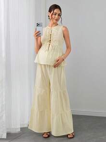 SHEIN Umstands-Set 2-teilig Einfarbig, ärmelloses Bindetop und Hose zum Stillen - Beige - Übersicht 5