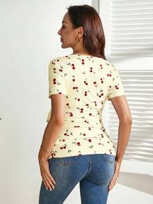 SHEIN Nursing Function Cherry Print Tie-Front Short Sleeve Top - Yellow - View 2