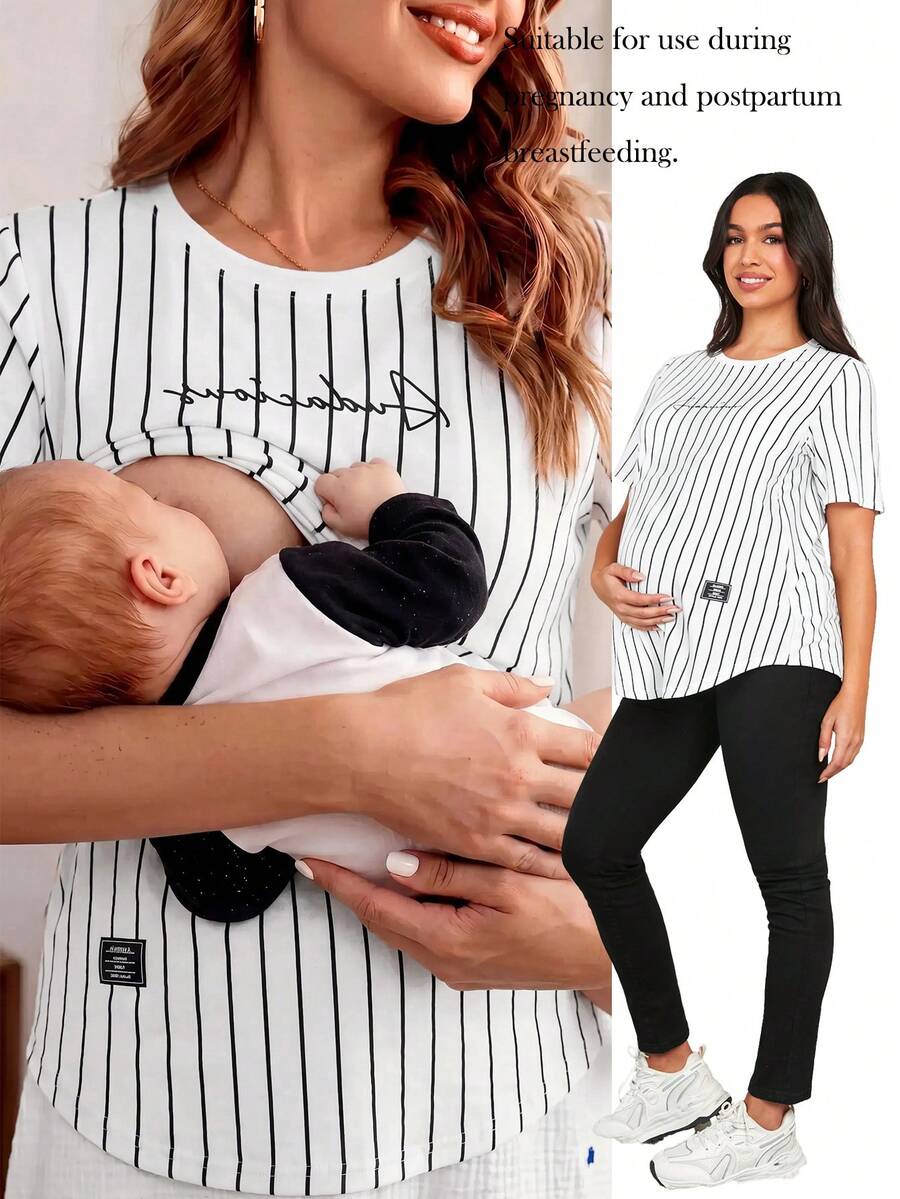 Slowluna Maternity Round Neck Striped Nursing T-Shirt For Home Wear World Cup - White - View 1