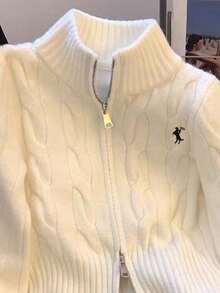 Resyla Women's Plus Size Knit Cardigan Casual Sweater With Zipper And Rope Detail For Dating And Sports - White - View 4