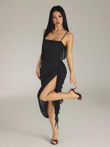 SHEIN PETITE 2026女款春夏優雅復古黑色百褶荷葉邊不對稱下擺洋裝 - 黑色 - 查看 11