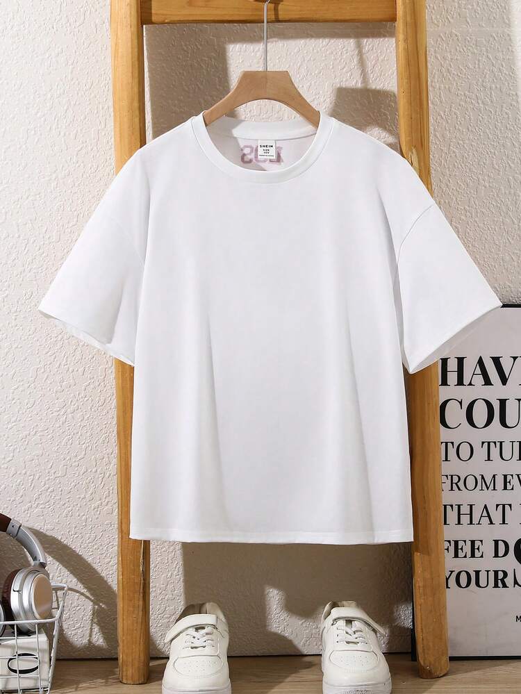 SHEIN Tween Boy Casual Korean Style Loose Streetwear Big Letter Graphic Crew Neck Short Sleeve T-Shirt Suitable For Commuting School Daily Casual Outings Sports Spring Summer - White - View 2