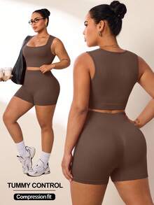 SHEIN Rhythm Era 2pcs Women Plus Size Ribbed Seamless U-Neck Sports Tank Top And Shorts Set, Yoga Outfit High Waist High Stretch 3/4 Length Shorts Set - Rust Brown - View 1