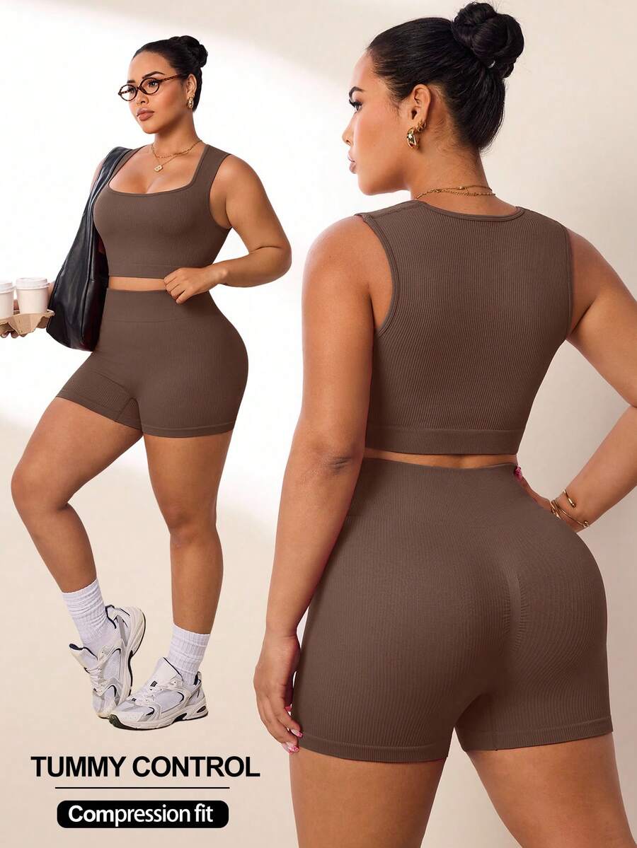 SHEIN Rhythm Era 2pcs Women Plus Size Ribbed Seamless U-Neck Sports Tank Top And Shorts Set, Yoga Outfit High Waist High Stretch 3/4 Length Shorts Set - Rust Brown - View 1