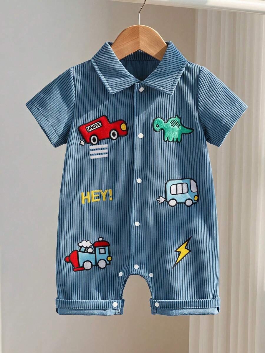 SHEIN Playful Pals 男嬰夏季卡通汽車恐龍短袖連身衣