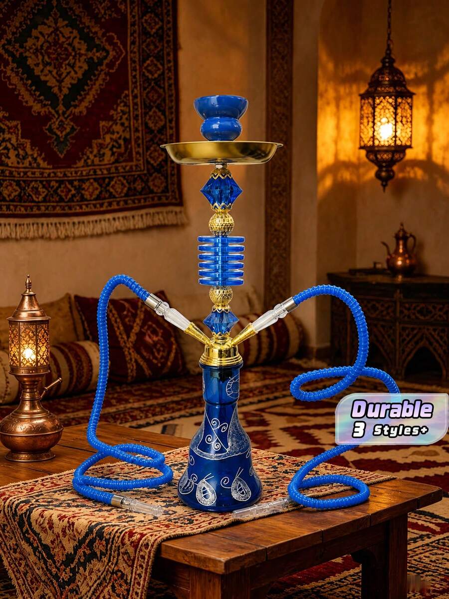 مجموعة شيشة عربية من الألومنيوم مقاس 19.3 بوصة / 49 سم مع ساق من الراتنج والخشب، تشمل الإكسسوارات وقاعدة زجاجية شفافة – مجموعة شيشة كاملة لتجمعات المنزل والبار والترفيه - مقاس واحد - مشاهدة 1