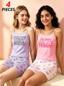 Setelan Piyama 4 Potong Wanita Motif Kata-kata Bahasa Inggris, Atasan Camisole, Hati, Burger, dan Celana Pendek Motif Teh Susu, Pakaian Santai Pas Badan Cocok untuk Pakaian Rumahan Musim Panas - MultiWarna - View 6