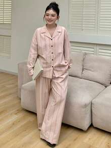 Dazy Plus Striped Colorblock Loose Short Sleeve Top & Long Pants Loungewear Set, Pink, Spring/Summer/Autumn, Plus Size Women's Pajama Set - Pink - View 8