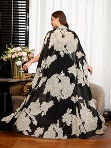 Reflora Plus Size Elegant Party Floral Print Robe 2pcs Set - Black - View 3