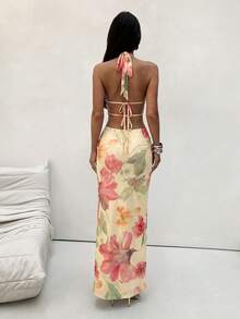Aloruh 女款花卉印花露背掛脖洋裝，適合海灘度假 - 彩色 - 查看 2