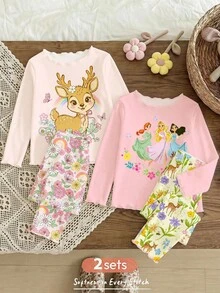 Conjunto de varias piezas con volantes y bloques de color para niñas bebé, estilo princesa dulce y campestre con estampado floral de ciervo, colores macaron encantadores, diseño retro fresco, apto para todas las estaciones, amigable con la piel - Multicolor - Ver 1