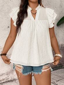 Breezaya Blusa casual holgada con cuello en V, manga de campana y volantes de tela tejida texturizada para mujer de talla grande, versátil para uso diario, fiestas, playa y hogar - Blanco - Ver 6