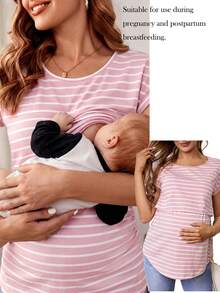 SHEIN Maternity Striped Short Sleeve Nursing Function T-Shirt World Cup - Baby Pink - View 1