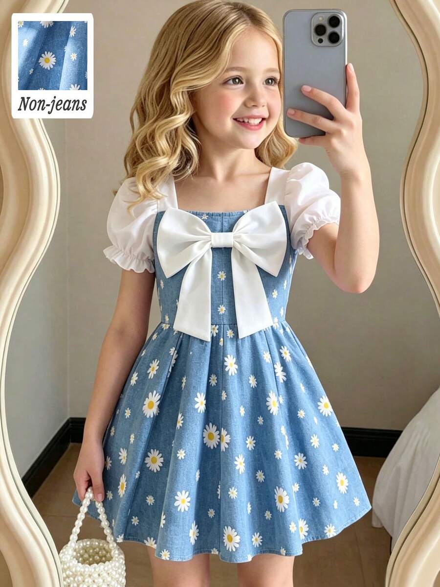 Elladie kids 女童春夏连衣裙，正面饰有白色蝴蝶结，白色泡泡袖短袖，蓝色牛仔布质感面料拼接花卉雏菊印花，腰部设计，面料柔软舒适，适合年轻女孩穿着。优雅可爱，休闲时尚，适合日常穿着、上学、外出、度假、派对等场合。