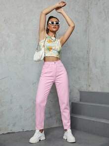 SHEIN ICON 女款純色時尚口袋鈕扣牛仔褲 - 粉色 - 查看 7