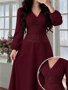 Feyla Women's Pleated Lace Patchwork Elegant Dress - Burgundy - View 1