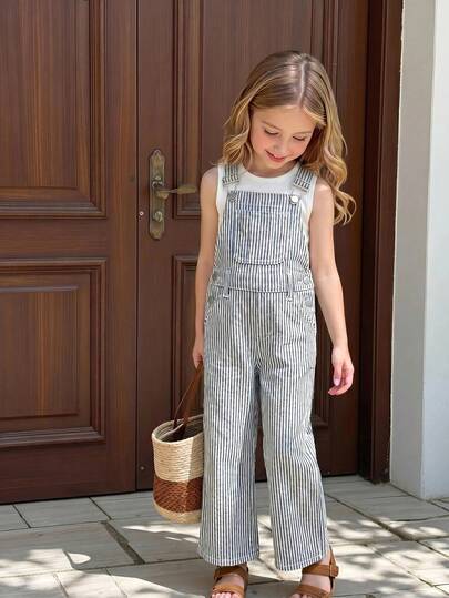 Firerie Kids Quần yếm denim dáng rộng kẻ sọc xanh trắng cho bé gái