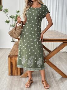 EMERY ROSE Women's Casual Vacation Cashew Flower Print Mid-Length Dress,Summer Dresses For Women - Green - View 4