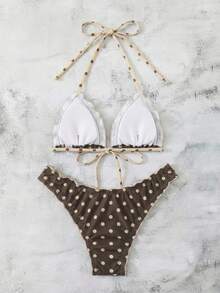Swim Mod 女士夏季波点印花性感绑带蝴蝶结比基尼两件套泳衣沙滩度假套装 - 棕色 - 查看 2