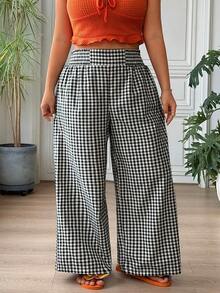 SHEIN EZwear 大码女式休闲度假通勤格子印花高腰宽松阔腿裤 - 黑與白 - 查看 4