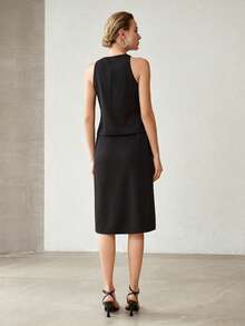 MOTF PREMIUM CONTRAST COLOR RUFFLE SLEEVELESS TOP AND SKIRT 2 PIECES SET - Black - View 4