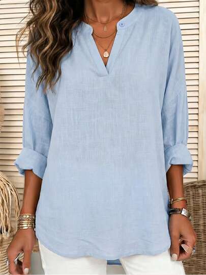 Weeklong Elegant Women's Blouses Work Outfits For Women Solid Color Minimalist Long Sleeve Pullover   V-Neck Blouse Plus Size Shirt Baby Blue Fall