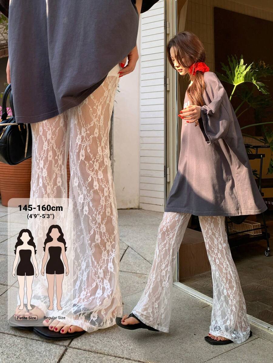 DAZY Women's Solid Color Sheer Lace Flare Pants ,Petite Women - White - View 1