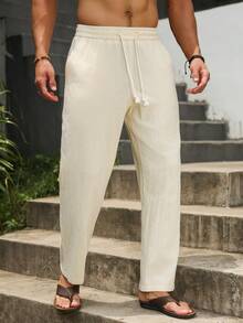 VENTUSAIL Pantalones casuales cómodos con cordón para hombre, estilo drapeado, para primavera/verano, para adultos - Beis - Ver 5