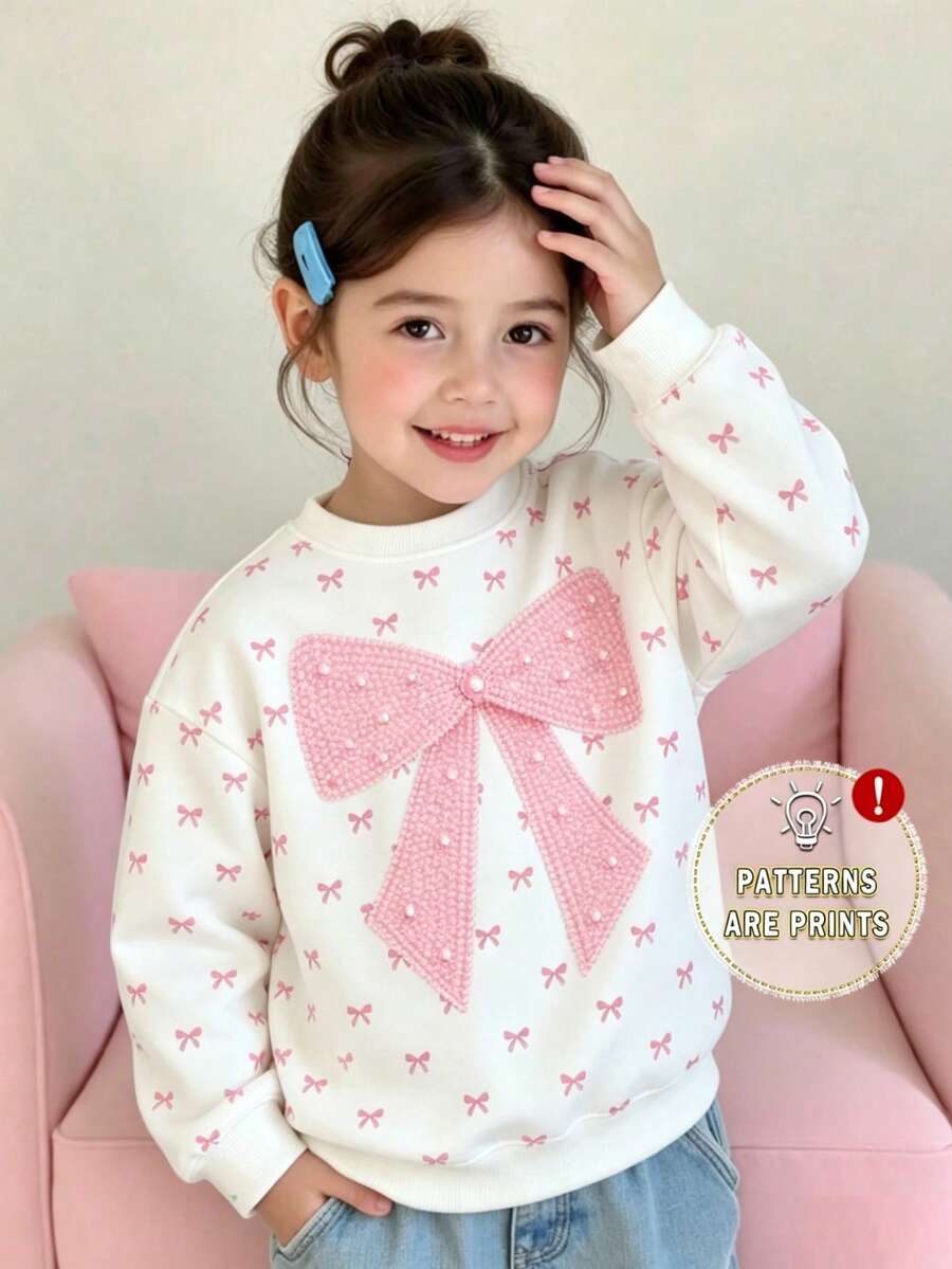 Sweatshirt lengan panjang berkerah bulat, kasual, dan lucu dengan motif mutiara merah muda besar dan pita kecil di seluruh permukaan, cocok untuk pemakaian sehari-hari di musim gugur/musim dingin. - MultiWarna - View 1