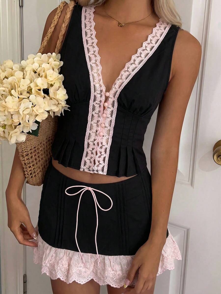 SHEIN EZwear 夏季女款 2 件組蕾絲拼接 V 領無袖上衣與裙子套裝,黑色與粉色,適合夜生活與日常穿搭,可愛風格 - 彩色 - 查看 1