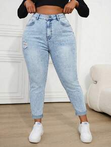 SHEIN ICON Plus Size Distressed Blue Denim Skinny Jeans - Light Wash - View 6