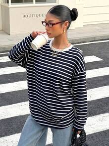 Muchica 女款寬鬆黑色條紋露背綁帶長袖T恤，適合穿搭、返校季、街頭風露背上衣 - 藏蓝色 - 查看 3
