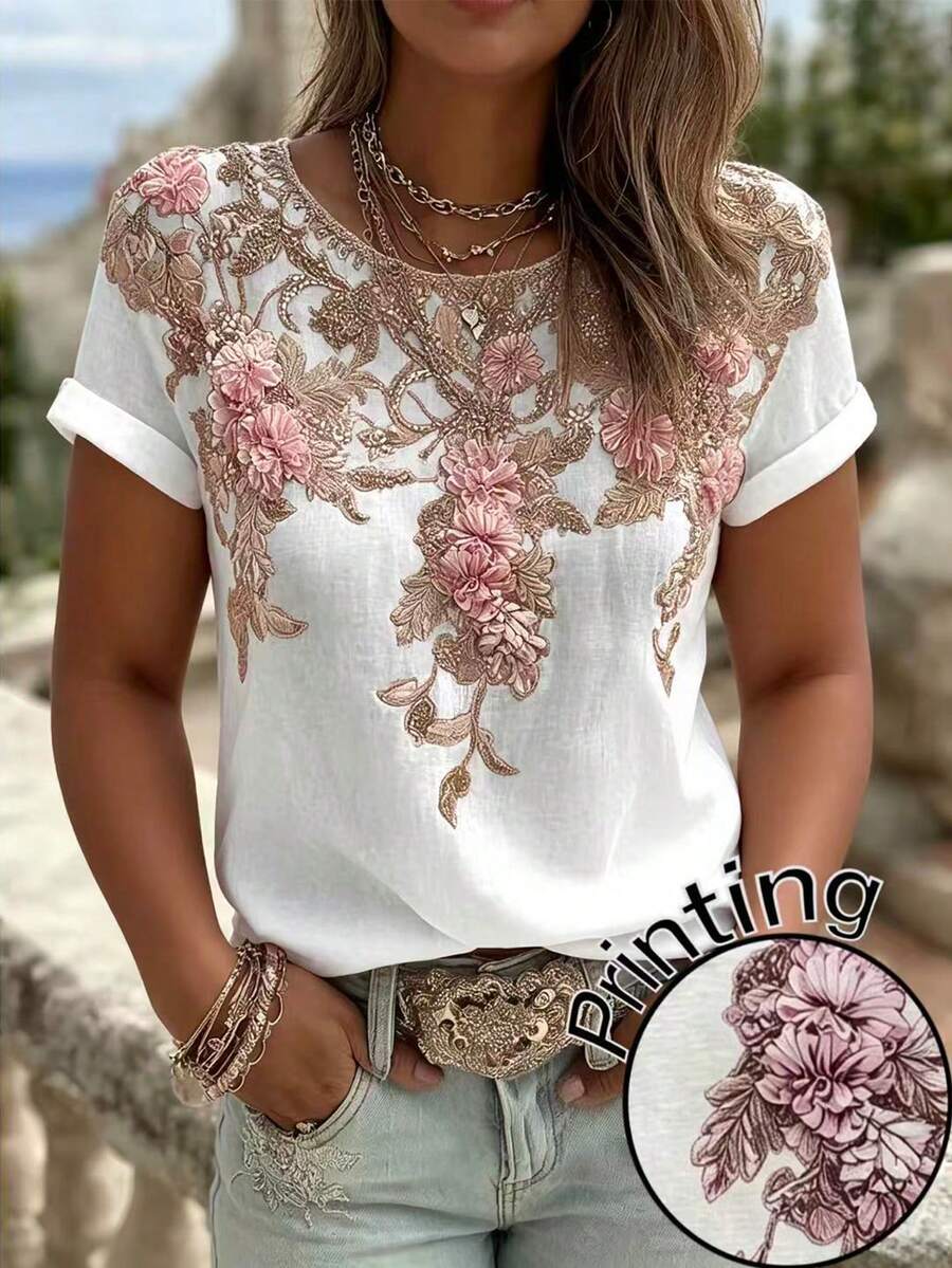 SHEIN LUNE CURVE Große Größen Urlaub Lässig Blumenmuster T-Shirt - Weiss - Übersicht 1