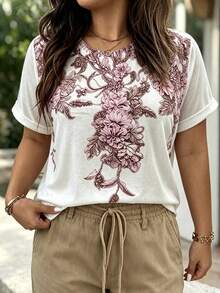 SHEIN LUNE CURVE Große Größen Urlaub Lässig Blumenmuster T-Shirt - Weiss - Übersicht 3