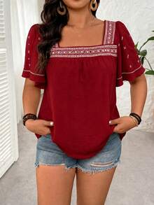 SHEIN LUNE Plus Size Women's Embroidered Square Collar Ruffle Sleeve Shirt,Burgundy Summer Boho Vacation Fashion Casual Minimalist Short Sleeve Top For Spring - Red - View 1