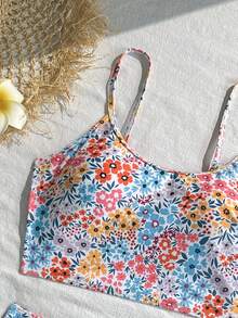 Swim Lushoire 女款花卉印花細肩帶分體式比基尼上衣與三角泳褲兩件式泳衣套裝，適合夏季度假與海灘 - 彩色 - 查看 3