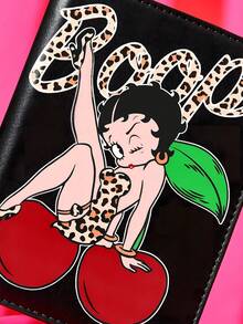 Betty Boop x SHEIN 卡通遊戲機造型 PU 皮革護照套與行李吊牌套組，可愛旅行文件收納袋附名片夾，卡通迷專用旅行行李識別標記 - 黑色 - 查看 3