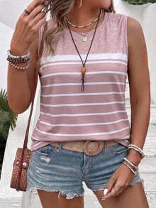 EMERY ROSE New Plus Size Women's Fashion Versatile Round Neck Colorblock Striped Print Tank Top - Multicolor - View 1