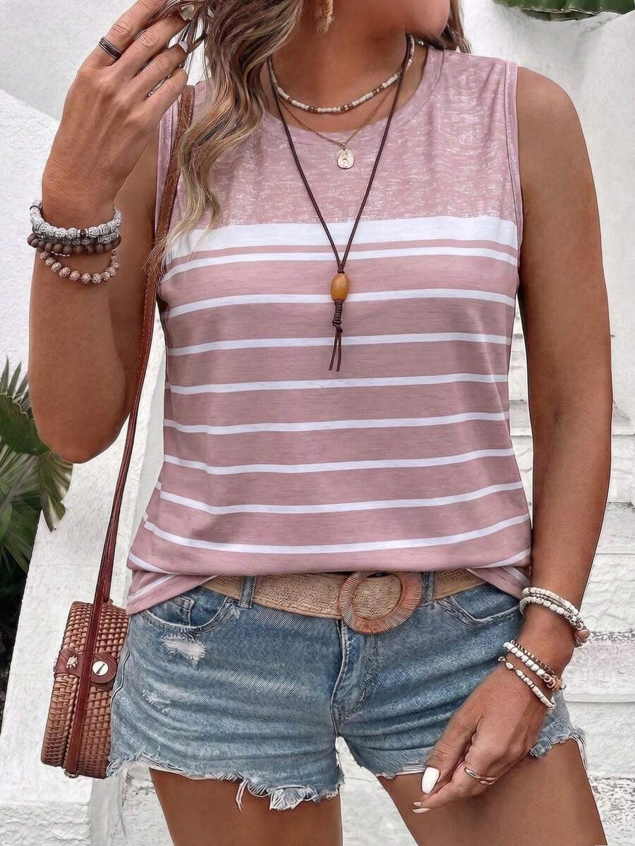 EMERY ROSE New Plus Size Women's Fashion Versatile Round Neck Colorblock Striped Print Tank Top - Multicolor - View 1