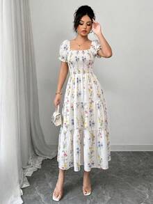 Elenzga 女款春夏方領抓皺短袖荷葉邊長洋裝，碎花圖案，適合日常休閒、上班、旅行、度假、海灘，波希米亞風、西式服飾、音樂節、田園鄉村風 - 彩色 - 查看 4