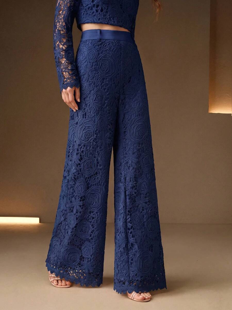 Anewsta 春夏鏤空蕾絲面料低飽和粉色雙層寬鬆直筒優雅長褲女款 - 藏蓝色 - 查看 1