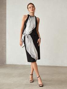 MOTF PREMIUM CONTRAST COLOR RUFFLE SLEEVELESS TOP AND SKIRT 2 PIECES SET - Black - View 5